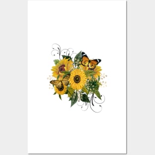 Sunflower bouquet with butterflies Posters and Art